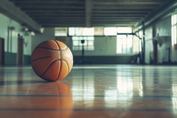 Basketball ball over floor in the gym in motion