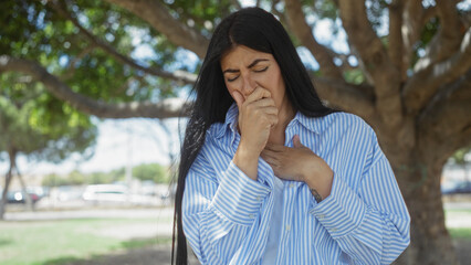 A beautiful young hispanic woman in a striped shirt stands in an outdoor park, appearing unwell as she covers her mouth and touches her chest with a concerned expression.