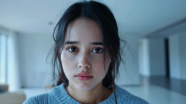A young woman with dark hair stares directly at the camera, her expression serious and her lips slightly parted