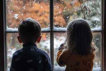 Children Gazing Through a Frosty Window, Eagerly Awaiting the First Snowfall of the Winter Season in a Cozy Home