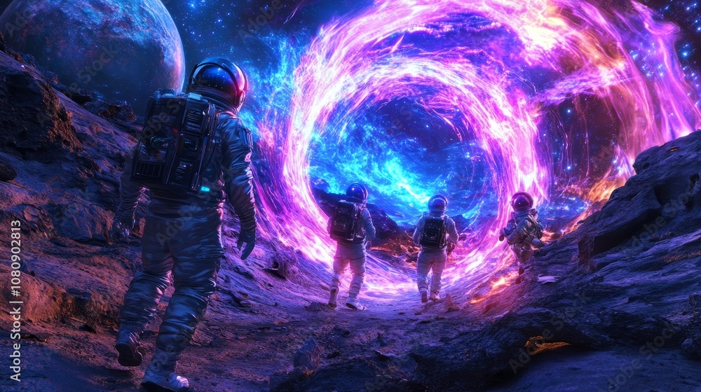 Poster group of astronauts walking on rocky alien planet surface and approaching a colorful wormhole in spa