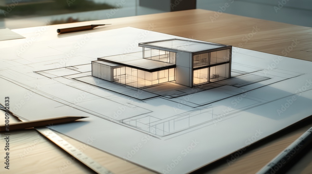 Poster architectural project of a modern house showing an illuminated model placed on the blueprint on a wo