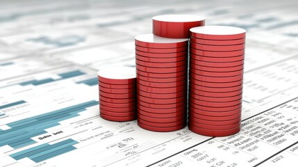 A 3D representation of stacked red coins symbolizes financial growth and investment analysis on a textured background.