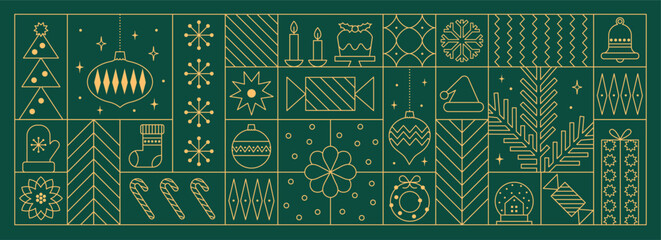 Merry Christmas and Happy New Year geometric background in line style. Modern pattern with minimalist Christmas gold line icons. Trendy luxury Xmas design for banner, card, cover, poster.