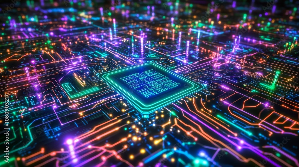 Poster complex electronic circuit board with glowing neon lights illuminating a powerful cpu processing dat
