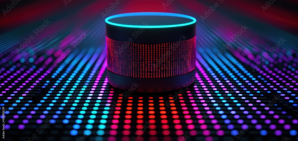 Poster Assistant search engine concept. A futuristic speaker emits vibrant lights against a backdrop of colorful LED dots, creating a dynamic and immersive audio-visual experience.