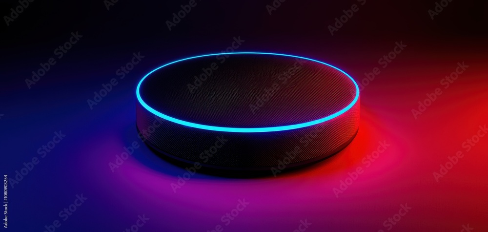 Poster assistant search engine concept. a sleek, futuristic smart device with glowing blue and red lights, 