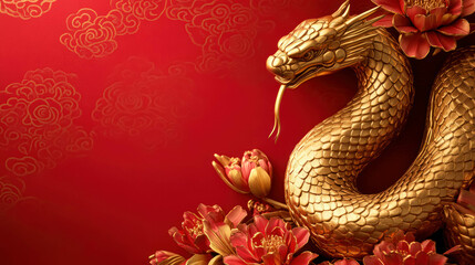 Obraz premium Golden Chinese Snake Statue With Floral And Copy Space Background. Chinese New Year 2025 Celebration Template