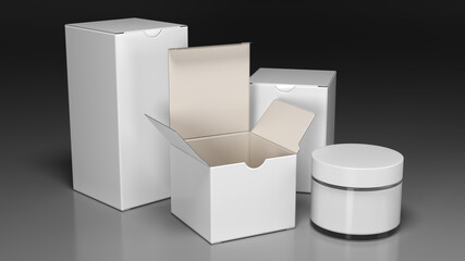 White packaging cardboard boxes mockups and cosmetic jar. 3d illustration set on gray background