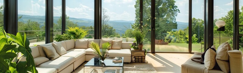 A modern living room with a large sectional sofa and floor lamp, featuring a stunning view of lush green hills through expansive windows.