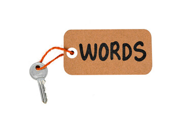 Key Word Concept Idea Metaphor Text on Brown Label with Door Key Isolated on White Background
