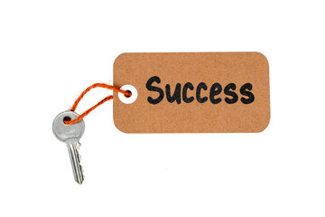 Key to Success Concept Idea Metaphor Brown Cardboard Tag and Door Key Isolated on White Background