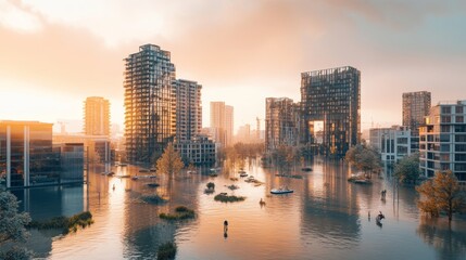 Obraz premium People are using boats to escape from a flooded city at sunset, with modern buildings and trees partially submerged in water after a natural disaster