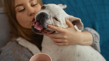 A young blonde woman cuddles her white dog in a cozy living room, embodying warmth and affection.
