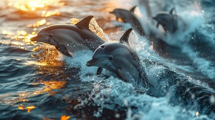 Obraz premium A pod of dolphins leaps playfully through shimmering waves, illuminated by the warm glow of sunset on the horizon