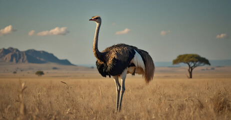 Ostrich standing gracefully in golden grasslands africa wildlife photography natural habitat side view animal behavior