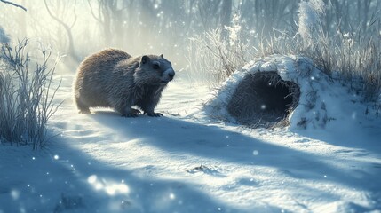Obraz premium The groundhog explores its snowy surroundings