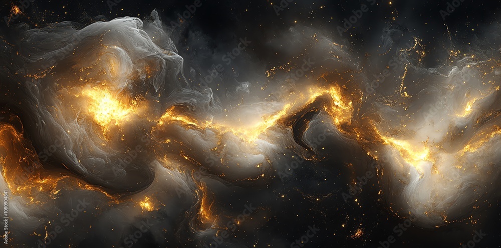 Poster abstract cosmic nebula with swirling clouds of gas and dust illuminated by bright stars.