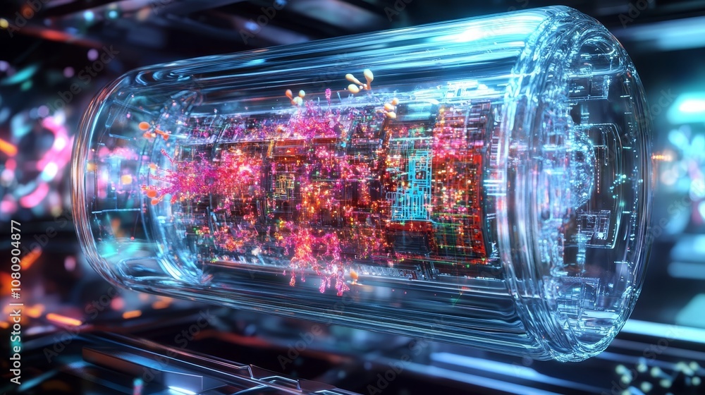 Poster complex data structures are generating inside a transparent cylindrical quantum computing core, show