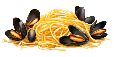 Seafood pasta with clams and mussels on a transparent background. isolated background.