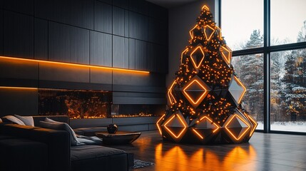Modern Christmas tree in stylish interior