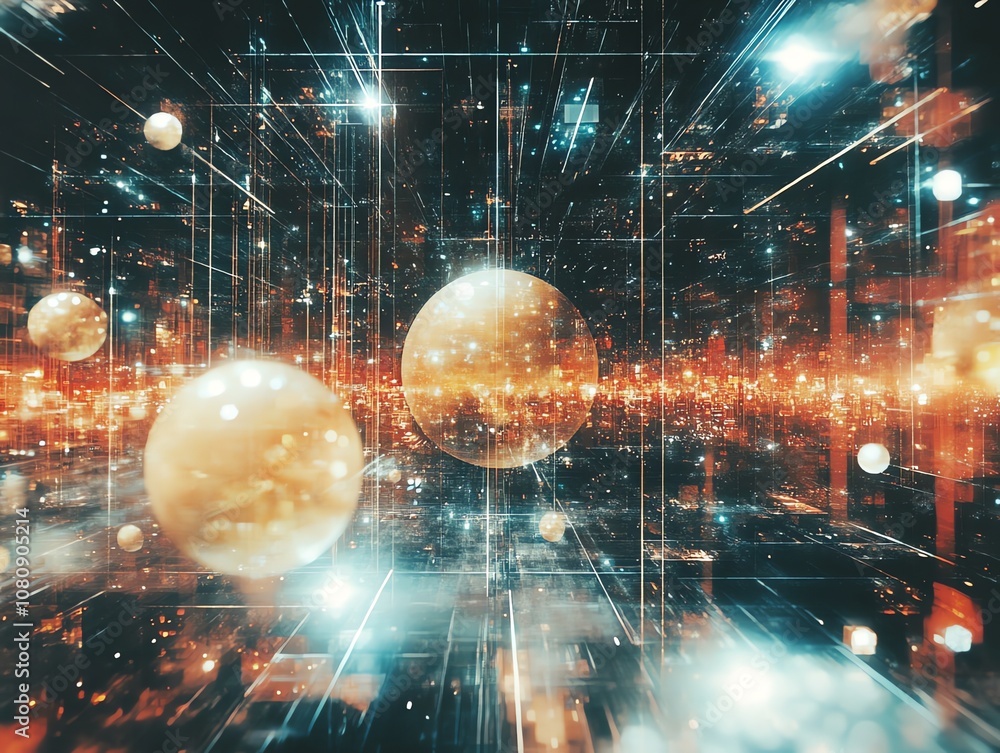 Poster abstract digital background with glowing spheres and light trails.