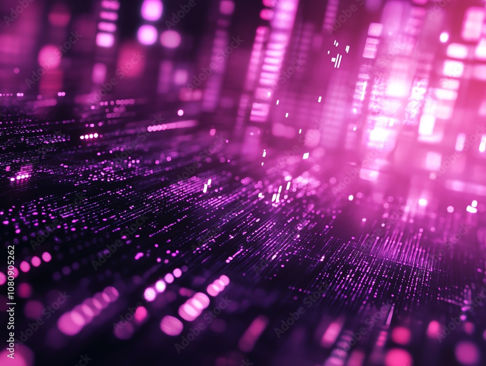 Poster Abstract digital background with pink lights and glowing data streams.