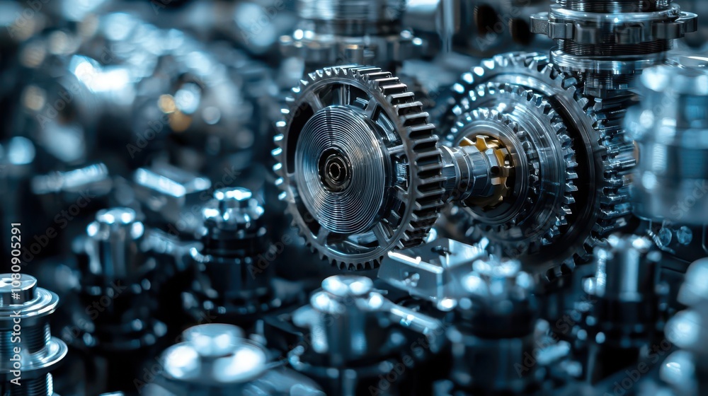 Poster close-up of intricate metallic gears in a machinery setting showcasing precision design