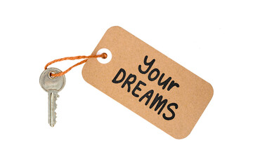 Key to Dreams Concept Idea Metaphor Text on Brown Paper Label with Door Key Isolated on White Background