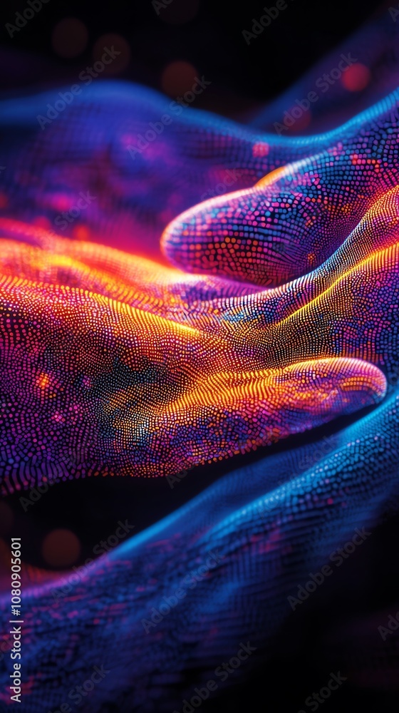 Poster Abstract digital rendering of two hands reaching out to each other, glowing with vibrant colors, against a dark background.