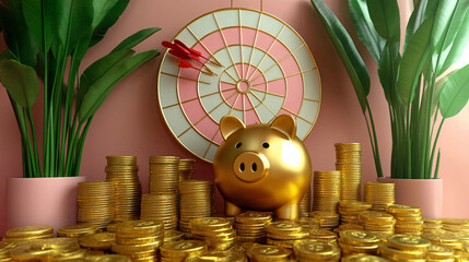 a gold piggy bank sitting on a large pile of gold coins.  Behind the piggy bank is a dartboard with three darts stuck in it.  Flanking the scene are two potted plants with large green leaves. The back
