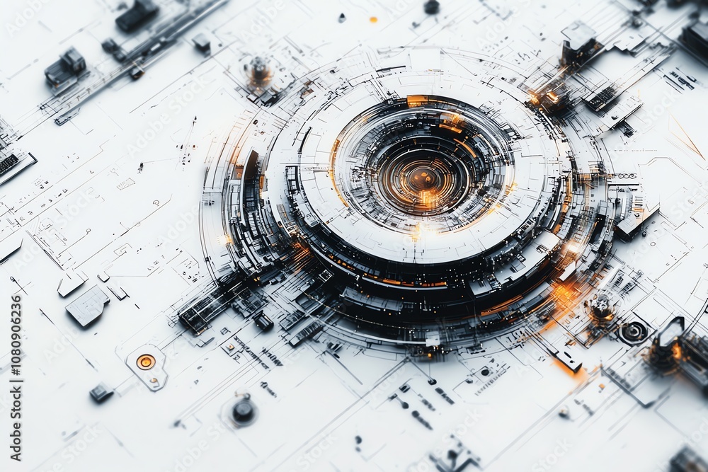 Poster Abstract futuristic technology background with circular design and glowing orange elements.