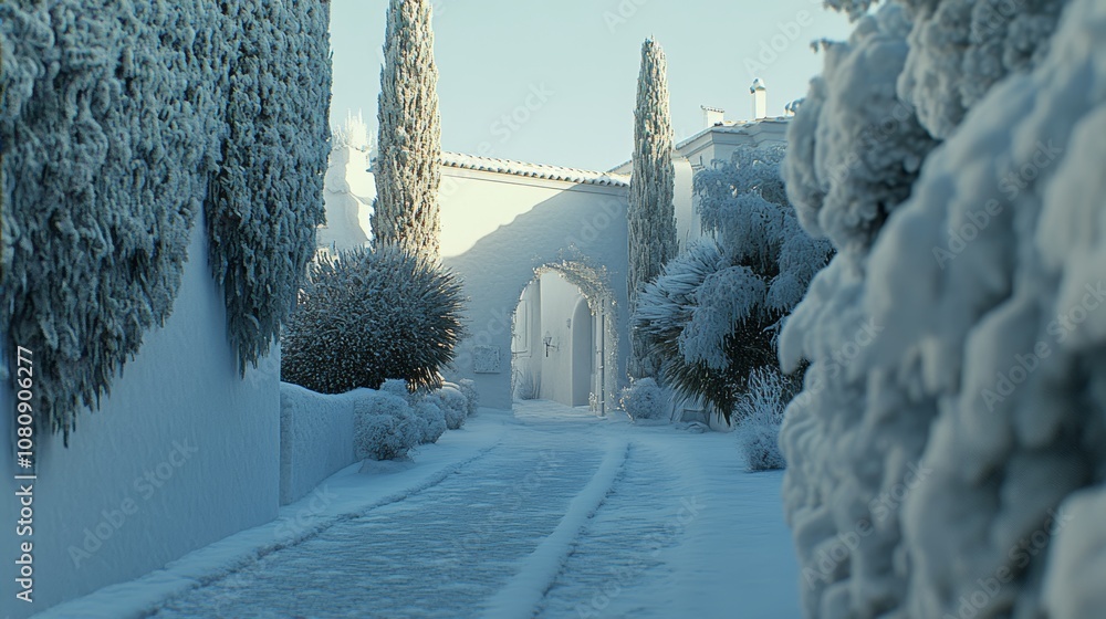 Poster snow-covered path flanked by frosty trees and bushes, creating a serene winter scene.