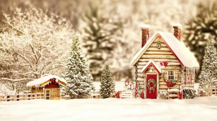 Cozy log cabin with a vibrant red door nestled in a serene, snowy landscape.