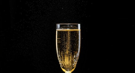 Sparkling champagne glass with effervescent bubbles on black