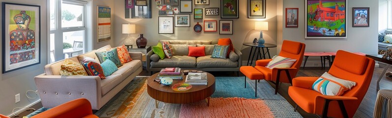 A modern living room with a gray couch and two orange chairs, featuring a colorful rug, framed artwork, and a wooden coffee table.