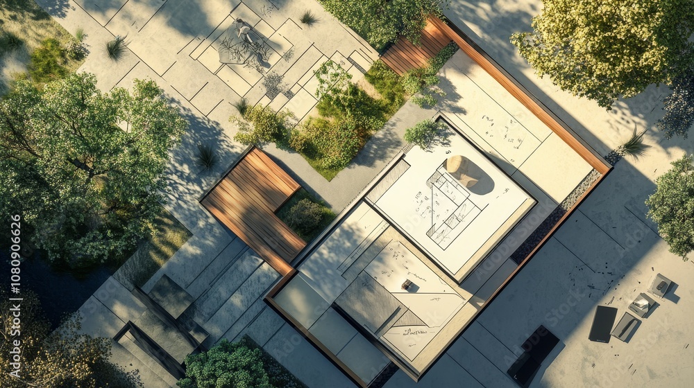 Poster capturing a modern sustainable house project with a blueprint overlapping the building, showcasing a