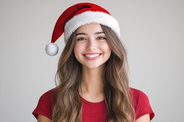 woman in santa hat on white background