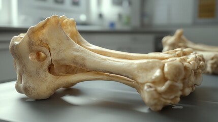 Naklejka premium Human femur and tibia bones displayed on a medical examination table, showcasing detailed bone texture and anatomy in a clinical setting, emphasizing their educational significance in human anatomy