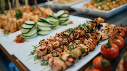 A selection of healthy appetizers and snacks such as grilled chicken skewers and cucumber and tomato bruschetta being offered at the event alongside traditional bar snacks.