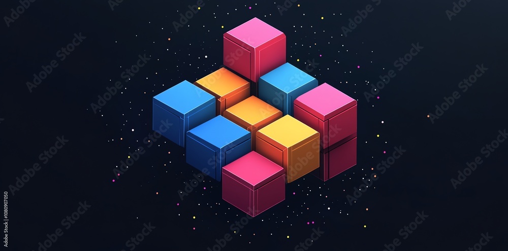 Poster Abstract geometric composition of colorful cubes on a dark background with a subtle sparkle effect.