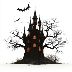 Obraz premium Eerie Gothic Castle on a Hill Surrounded by Bats and Leafless Trees, Perfect for Halloween and Scary Themed Designs, Illustrations, and Backgrounds