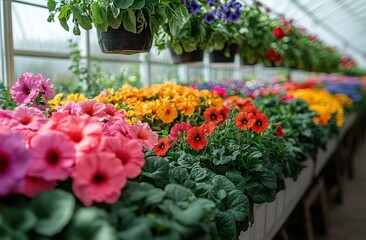 Fototapeta premium Beautiful variety of colorful flowers in a lush greenhouse setting