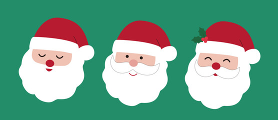 Set Of Cute Santa Claus Head Flat Vector Illustration.
Santa Claus Face.
Funny Santa Head Clipart.