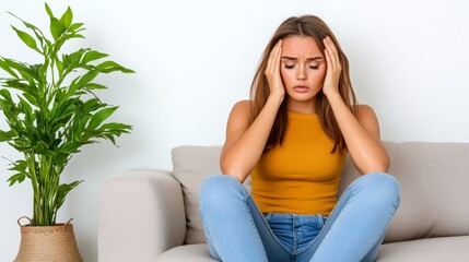 Obraz premium Sad Young Woman Sitting on Sofa Feeling Stressed Headache Depression Mental Health