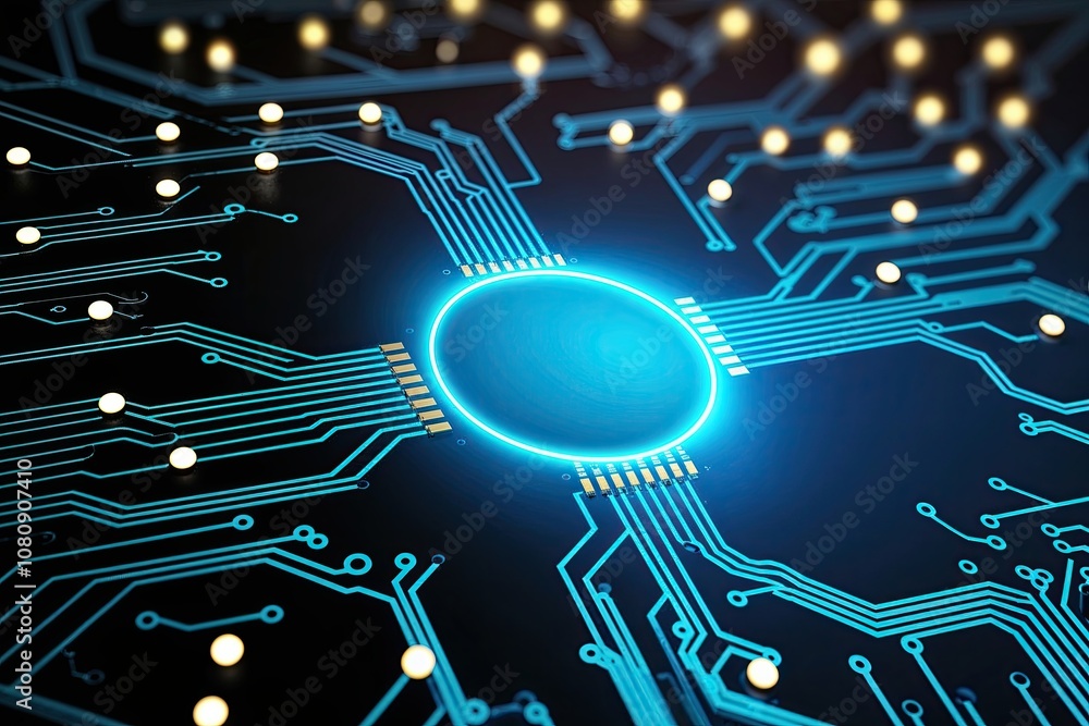 Poster abstract digital network circuit board background with glowing light and connecting dots in dark blu