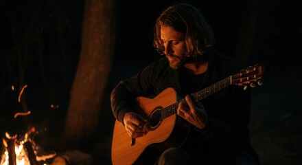 Serene guitarist playing campfire light at night