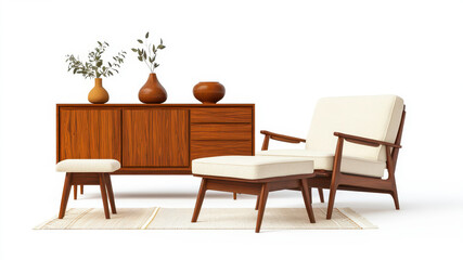 Mid-century Modern Furniture Arrangement on a White Background With Decorative Elements