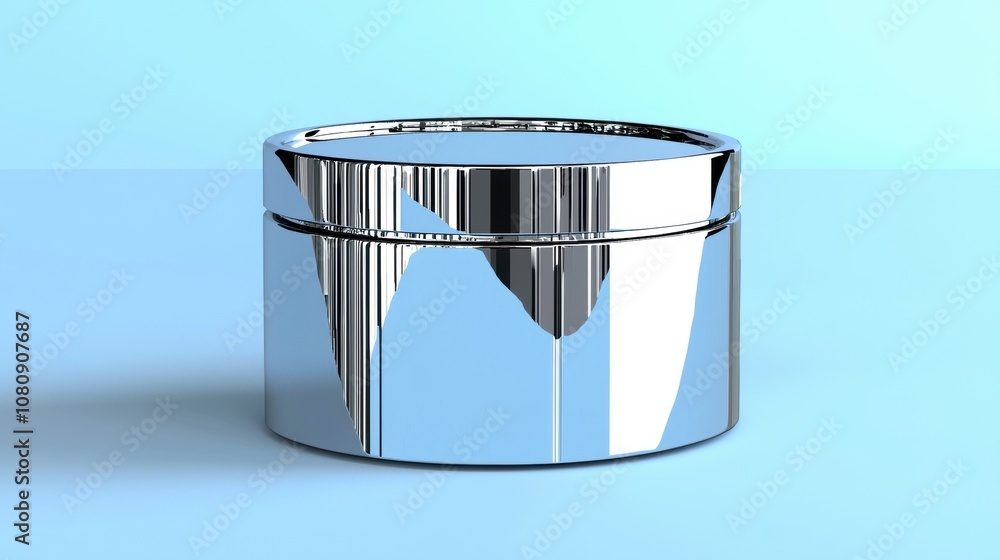 Poster modern chrome container on soft blue background with reflective surface ideal for cosmetic packaging