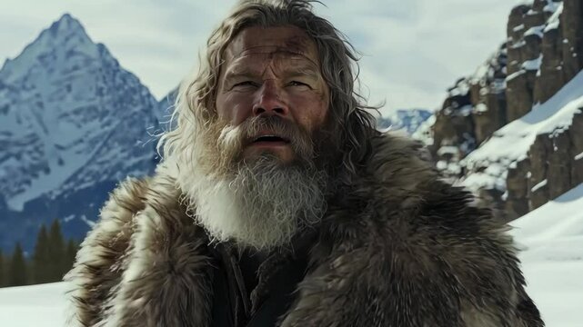 Rugged Man in Fur Coat Breathing Heavily in Snowy Mountain Landscape